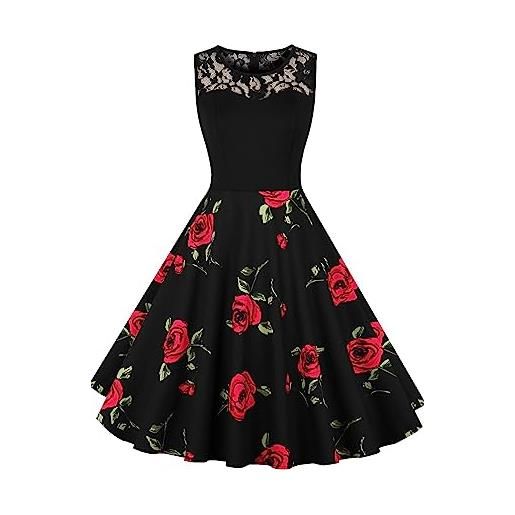 AXOE donna vestito vintage anni 50 60 con pizzo senza maniche midi floreale cotone abito da cerimonia, cocktail, estate nero e rossa f1b, taglia 54, 4xl