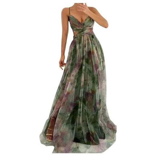BFSWL abiti eleganti da donna lunghi - estivi senza schiena scoperta in tulle - spaghetti abito estivo profondo - vacanza a terra maxi abito, verde militare, s
