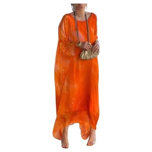 KIKIATA vestito da donna elegante in chiffon con stampa, girocollo, stile artistico, ampio, kaftano per taglie forti, arancione, 3xl