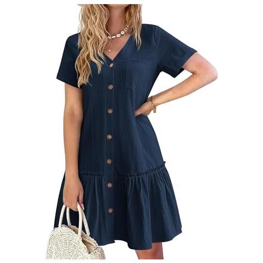 Hotouch abito estivo in lino con bottoni per donna - abito da spiaggia casual - scollo a v - mini abito a maniche corte - abito a trapezio - abito a balze, m