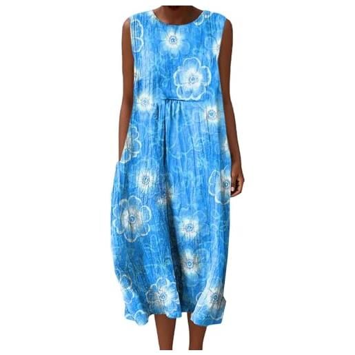 Mfhmom vestito donna estivo lino effetto pieghettato abito lungo senza maniche boho chic casual spiaggia vacanza stampe colorate girocollo comodo leggero midi gown