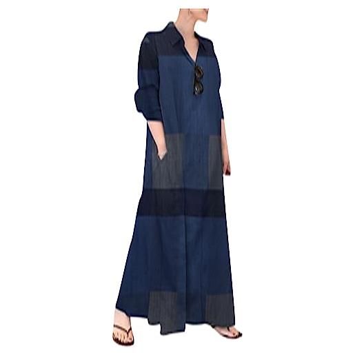 OMZIN donna button down rolled up manica vestito con tasca lunga camicetta di cotone maxi lapel shirt dress blu plaid 3xl