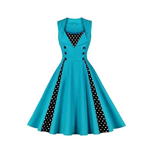 AXOE donna vestito anni 50 vintage linea a con puntini contrasto abito da cerimonia per festa cocktail matrimonio cotone elastico turchese, taglia 42, s