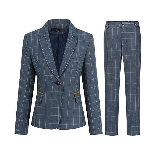 YUNCLOS pantaloni da donna a quadri in 2 pezzi, a maniche lunghe, elegante, formale, da ufficio, con un bottone, blazer e pantaloni