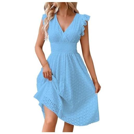 Generisch vestito midi da donna, tinta unita, con scollo a v, maniche corte e frange, sciancrato e leggero, elegante abito estivo lungo al ginocchio, sottile, alla moda per le vacanze