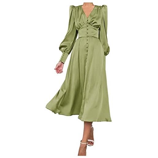 xxxiticat abito da donna a maniche lunghe, in raso, a maniche lunghe, con bottoni, con volant, stile vintage, maniche a sbuffo