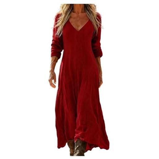 Generico vestito lungo donna boho chic abito maxi elegante in lino e cotone scollo a v manica 3/4 vintage etnico con tasche per mare spiaggia vacanza taglie forti comodo moda 2026