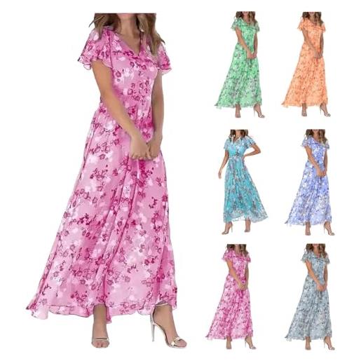 Generico vestito casual estivo donna maniche corte abito con stampa floreale vestito da spiaggia scollo a v abito bohemien abiti lungo primavera vestiti chiffon con volant taglie forti (xxxl)