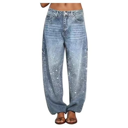 Generico jeans donna larghi baggy con brillantini vita alta pantaloni denim con strass vintage larghi pantalone glitter comodi gamba larga jeans trousers wide leg fit