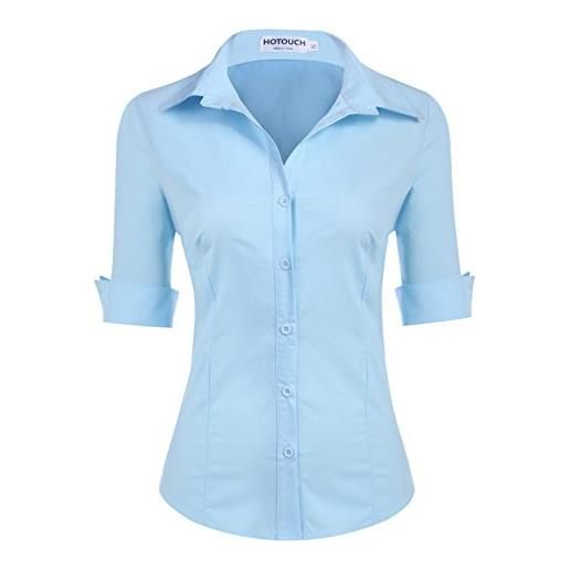 Hotouch camicette da donna in cotone con maniche a 3/4, camicia da ufficio basic aderente camicetta con scollo a v a maniche corte top