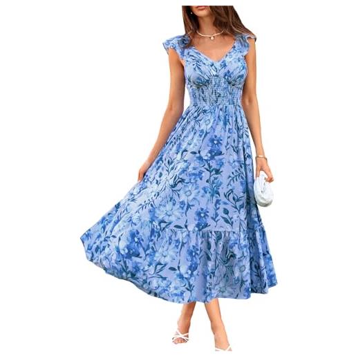 GRACE KARIN maniche a volant abiti in chiffon estivo floreale per ospiti di nozze, floreale blu-blu, l