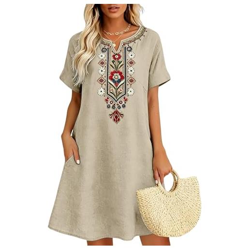 Chanpning vestiti estivi donna cotone lino ricamo floreale abiti boho chic dress vestito da mare elegante abiti cerimonia manica corta scollo a v al ginocchio vestito donna estivo corto casual