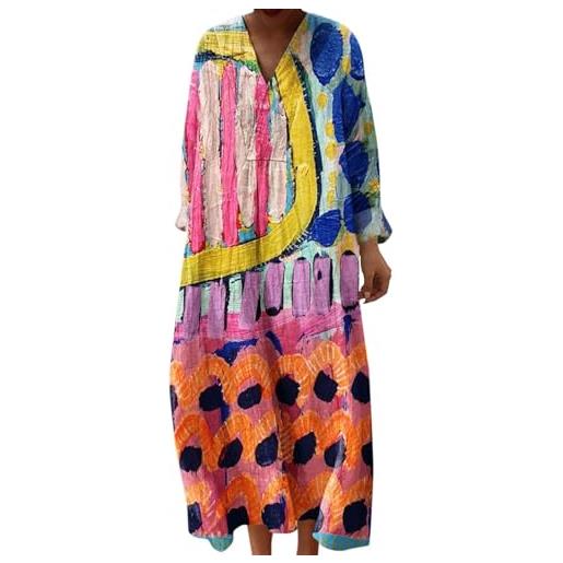Generico vestito lino donna primavera abito lungo boho chic scollo a v maniche lunghe, maxi abito floreale vintage con tasche mare spiaggia vacanza taglie forti curvy elegante moda 2026 chic