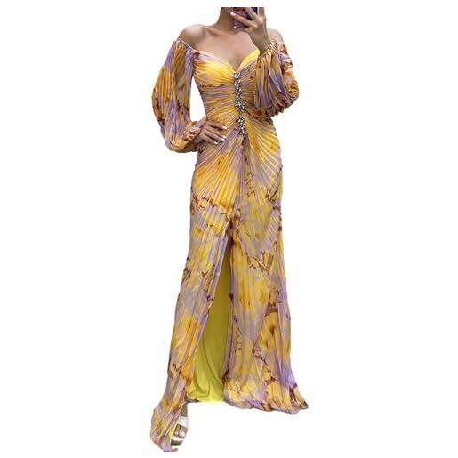SHINROAD abito floreale da donna elegante abito a maniche lunghe da donna elegante con spalle scoperte con strass decorazione plissettata manica lunga lanterna orlo diviso maxi abito giallo s