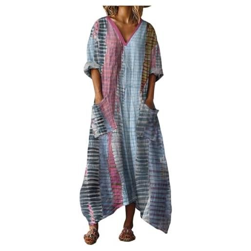 Mfhmom vestito donna estivo lungo in cotone e lino abito boho chic con grandi tasche scollo a v manica corta ampio traspirante casual vestiti lunghi estivi donna leggero mare