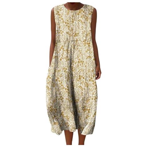 Generico abito estivo donna lungo in lino boho chic vestito senza maniche girocollo con tasche floreale casual per mare spiaggia vacanza comodo taglie forti curvy moda 2026 elegante