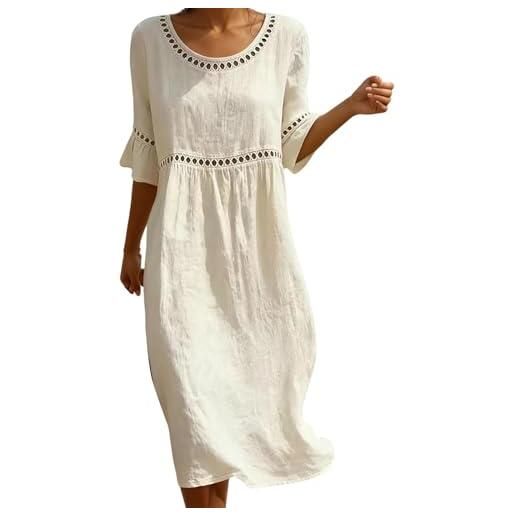 Generico abito lungo estivo donna, abito estivo donna in lino - veste midi con girocollo e maniche a 3/4, dettaglio in pizzo traforato sulle maniche, vestibilità a palloncino morbida e traspirante, bianco l