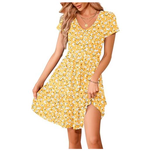WNEEDU abiti estivi da donna con scollo a v e manica corta abiti casual eleganti al ginocchio mini abito aderente in vita con tasche giallo floreale xl