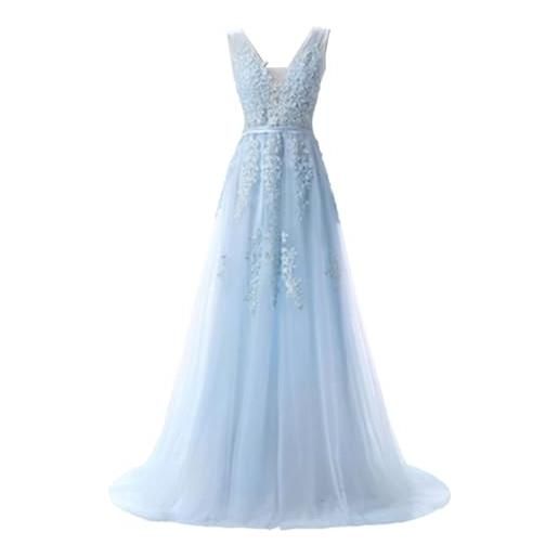 Generic abito da sera elegante da donna senza maniche con scollo a v, in pizzo e tulle, perfetto per balli di fine anno, matrimoni e occasioni formali, colore azzurro cielo, taglia s. 