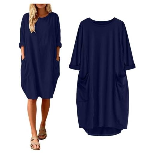 Generico abito donna oversize con tasche e maniche arrotolate, tunica estiva girocollo in morbido cotone, vestito casual per casa, relax e spiaggia, taglie s-5xl