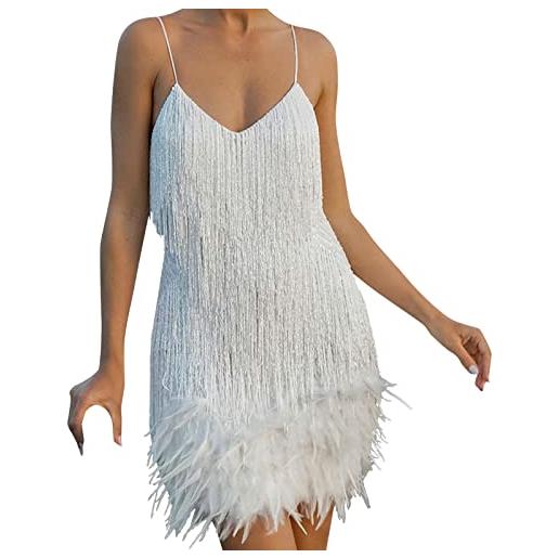 Munweiyu vestito con frange e piume, da donna, sexy, con paillettes, abito da ballo, con frange, scollo a v, spalline sottili, con orlo in piuma, abito da sera, abito da cocktail, anni '20, bianco, s