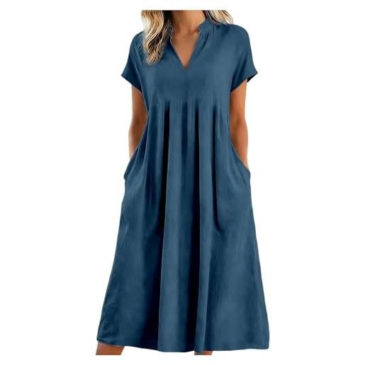 Generico abito lino donna 2026 vestiti tinta unita morbido e traspiranti scollo a v largo vestiti da spiaggia abito estivo a maniche a 3/4 boho chic traforato abiti vacanza comodo per mare spiaggia vacanza