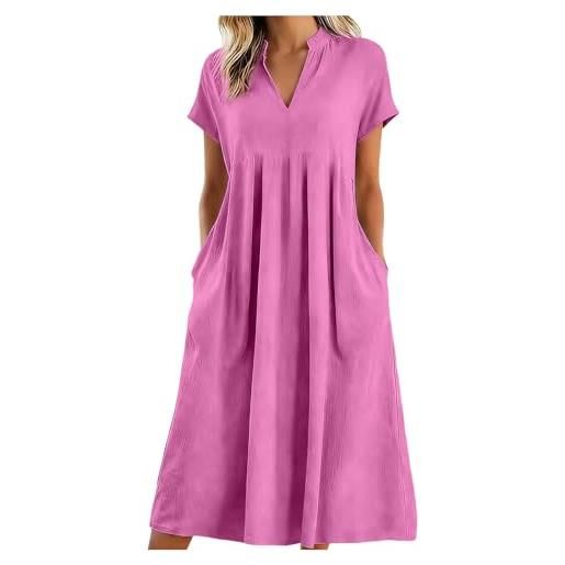 Generico abito lino donna 2026 vestiti tinta unita morbido e traspiranti scollo a v largo vestiti da spiaggia abito estivo a maniche a 3/4 boho chic traforato abiti vacanza comodo per mare spiaggia vacanza