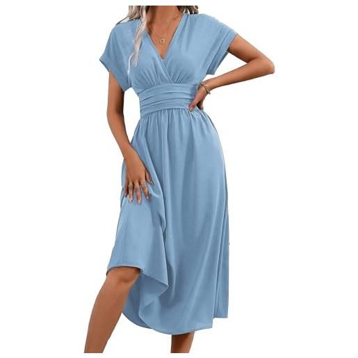 QUNERY abito donna estivo manica corta vestiti vita alta a line abiti scollo a v elegante vestito estivi lunghi casual abito spiaggia azzurro chiaro s