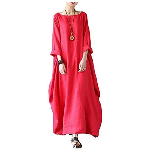 Generic abito in lino da donna, estivo, a maniche lunghe, in mussola, taglie forti, maxi abito da spiaggia, oversize, per il tempo libero, elegante, a tunica, colore: rosso, xxl