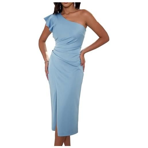 Angel-fashions elegante abito da cocktail monospalla da donna, con volant, increspato, formale, per feste, a metà polpaccio, azzurro chiaro, 44