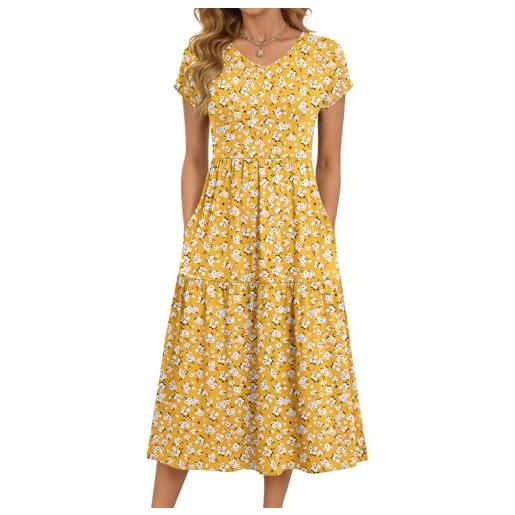 PLOKNRD abiti estivi da donna scollo v elegante manica corta vita alta midi abiti casual floreale abiti con tasche s-xxl