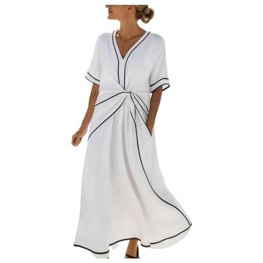 HAOLEI abito lino donna estivo lungo maniche lunghe casual abito camicia lino maxi elegante vestiti estivi cotone spiaggia mare boho con tasche per la primavera e l'estate confortevole e traspirante