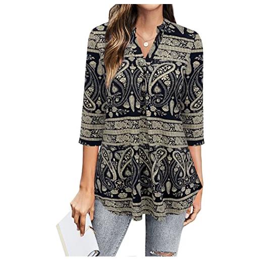 Bepei camicette da donna eleganti e casual, con maniche a 3/4, scollo a v, camicie da lavoro, nero e beige. , xl