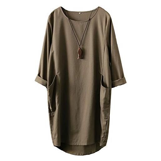 FTCayanz donna vestito tunica t-shirt lino abito manica lunga mini sciolto abiti elegante army green xxl