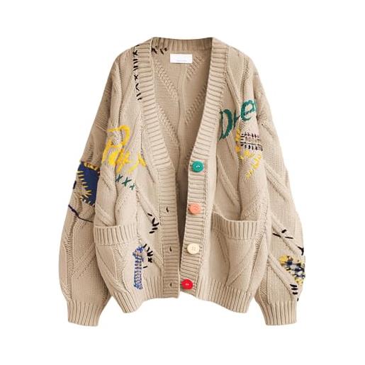 ebossy - cardigan da donna a maglia, a maniche lunghe, aperto sul davanti, con scollo a v, bottoni e ricami, in misto lana