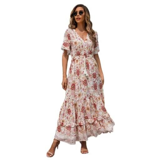 R.Vivimos abito boho estivo donna abito sexy scollo a v bottoni manica corta vestito elegante con volant orlo abito lungo maxi da spiaggia casual per le vacanze(m, bianco rosa)
