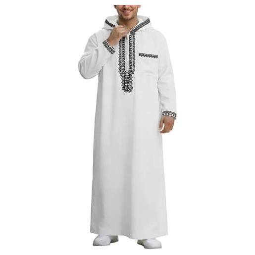 Genérico djellaba uomini musulmani qamis singolo colore con cappuccio preghiera islamica abaya manica lunga kamis musulmani borsa djellaba kaftan marocchino jelaba abito, bianco, l