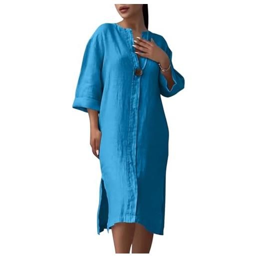 Onsoyours vestiti estivi da donna cotone lino abito scollo a v manica 3/4 spiaggia vestito elegante casual bottoni sciolto al ginocchio camicia abiti con spacco a blu xxl