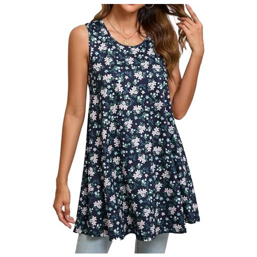 Enmain canotta donna estiva lunga taglie forti canottiera top donna magliette tunica senza maniche floreale maglia lungo per leggings blusa blu 2xl