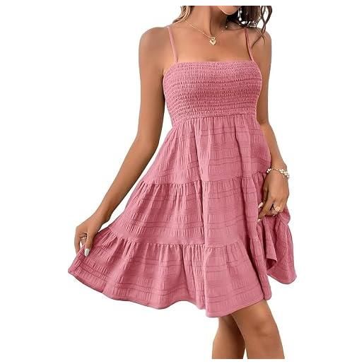 Placitiume abito da donna, prendisole con smock, stile camicia, senza maniche, a-linea, mini abito estivo casual, rosa polvere, s