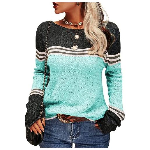 Tankaneo maglione da donna a blocchi di colore, a maniche lunghe, girocollo | maglia a maniche lunghe, maglione all'uncinetto, a righe, slim fit, maglieria, top, casual, felpa, maglione, maglione