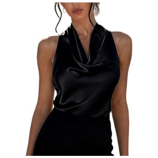 RWGSNB canotta donna raso di seta con scollo cascata arricciato top all'americana canotta estiva alla moda camicetta elegante raso senza maniche t-shirt casual sera per feste nera l