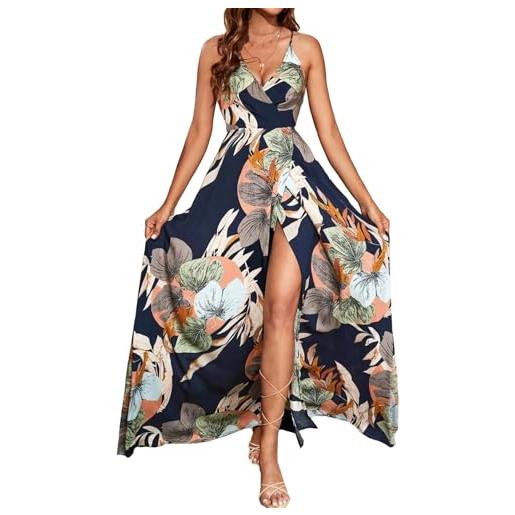 JENJON vestito donna elegante stampa floreale maxi abito da spiaggia estivi senza maniche vestiti con scollo a v per casual vacanza blu l