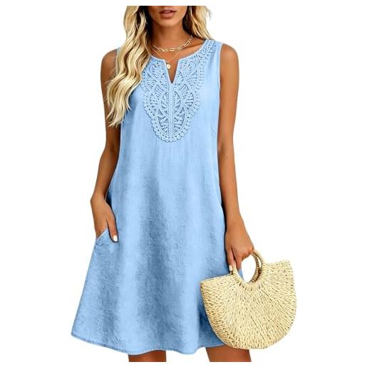 Generico abito lino donna estivo lungo senza maniche girocollo abiti taglie forti estivi donna casual vestiti lunghi donne mare prendisole cotone vestito da spiaggia leggero elegante summer (sky blue, xxl)