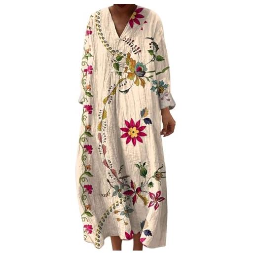 Udbeksid abito estivo donna lungo in lino boho v maniche lunghe vestiti larghi maxi vintage floreale elegante comodo taglie forti casual con tasche per spiaggia mare vacanza 2026