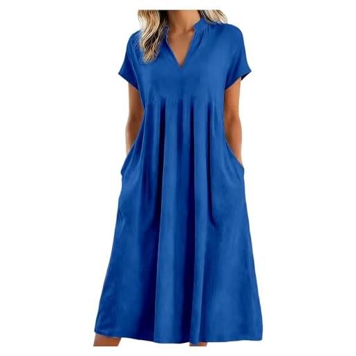 Generico abito lino donna abito estivo a maniche a 3/4 lungo in cotone scollo a v largo vestiti da spiaggia vestito boho chic vacanza comodo taglie forti vestito ideale per vacanze, lavoro e uso quotidiano