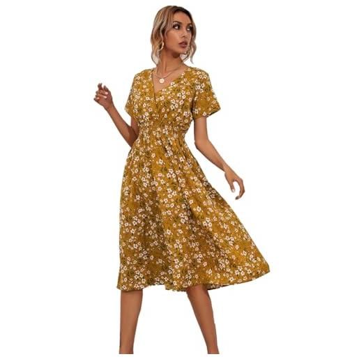 XIVISTO estivo vestito donna casual con scollo a v floreale abiti elegante manica corta elastica vita alta boemia vacanza abito