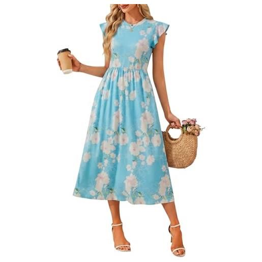 Fashora vestito lungo estivo donna abito manica corta elegante scollo rotondo abito lunghi abiti elastico in vita colori solidi casual boho vestiti (azzurro floreale, l)