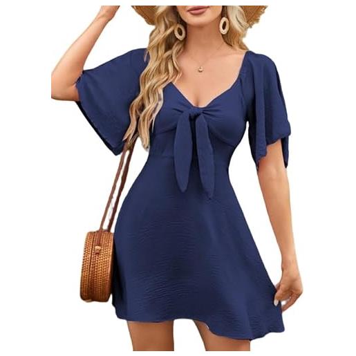 Sukiglam abito donna vestito estivi elegante maniche corte vita alta a line abiti papillon scollo a v casual vestitino corto mini vestiti con elastico posteriore