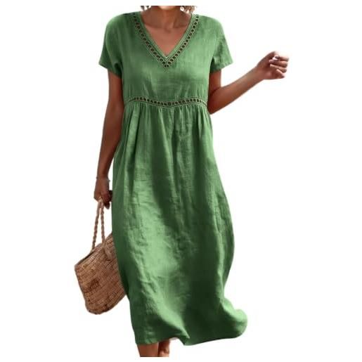 Onsoyours vestito estivo donna lungo bohémien elegante maniche corte abito in cotone lino casual chic a-linea leggero e traspirante midi abiti da spiaggia vacanza a verde xl